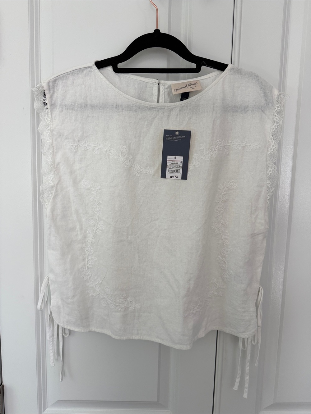 Universal Thread White Linen Embroidered Lace-Trim Side-Tie Top